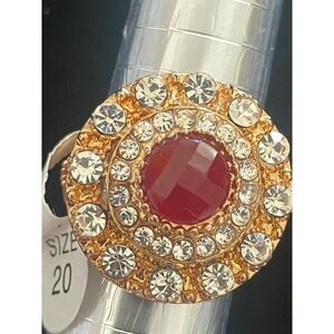 Ring, Cocktail Costume, Large, Gold Tone, Round Shape. Red Rhinestone VTG